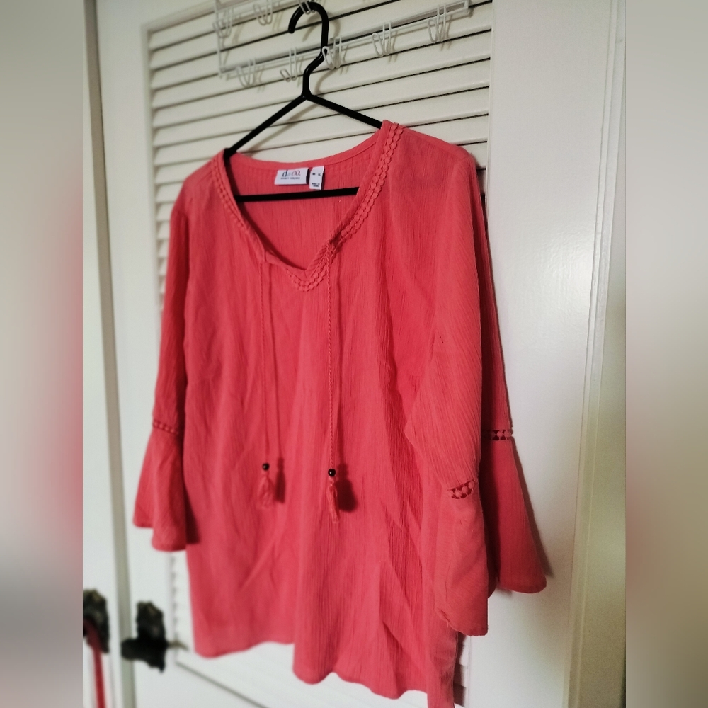 Denim & Co. Women's Orange Boho Tunic Tassels Bell Sleeves Gauze Size XL